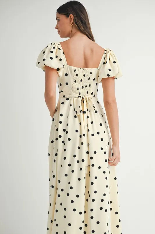 MABLE Polka Dot Puff Sleeve Midi Dress OutfitFlow