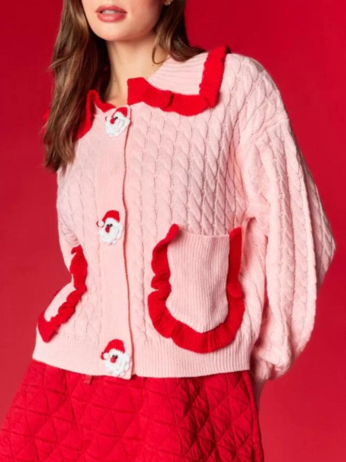 Christmas Santa Cable Knit Cardigan Pink OutfitFlow