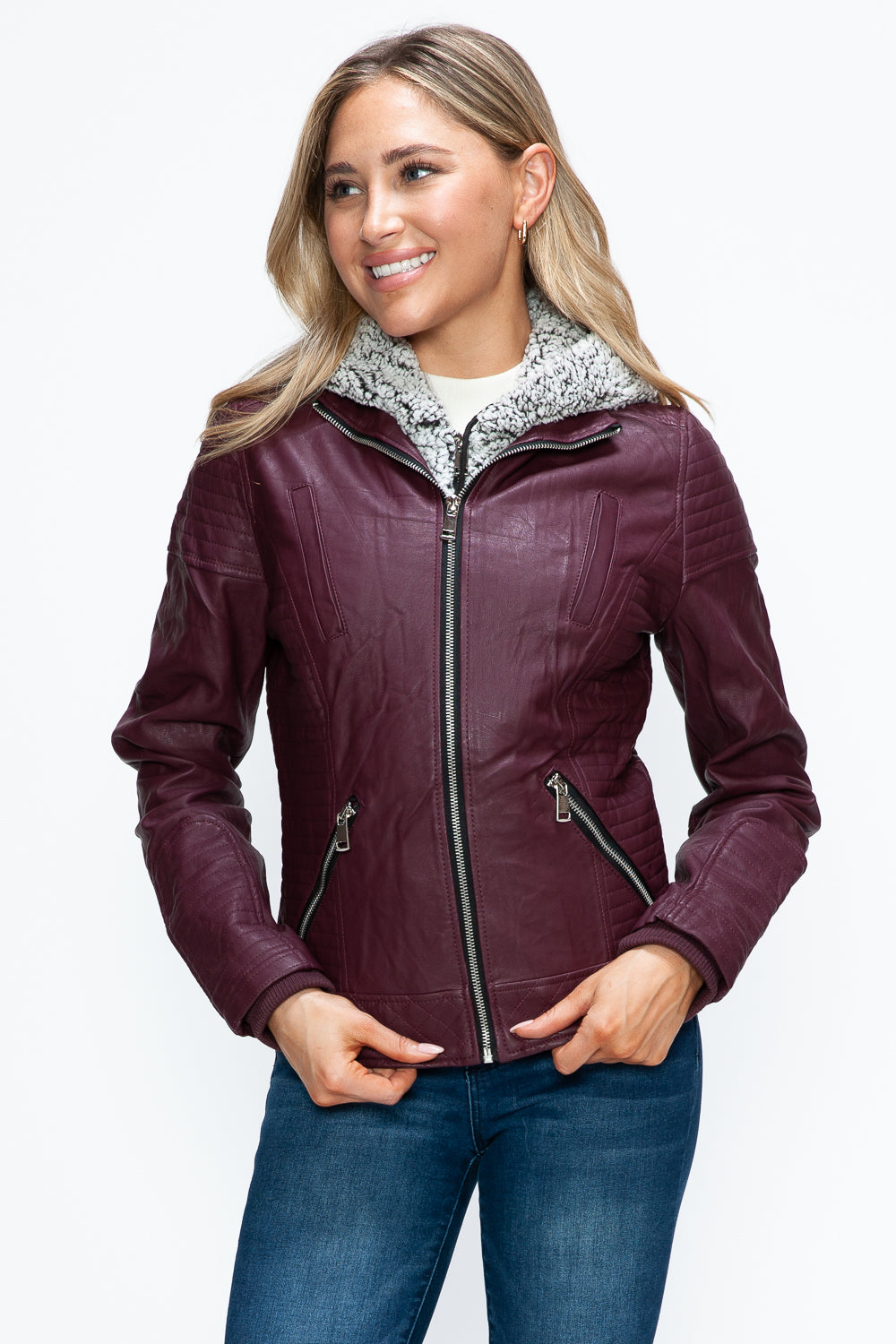 Outfit Flow - YMI Faux Layered Double-Zipper Jacket with Fuzzy Hood