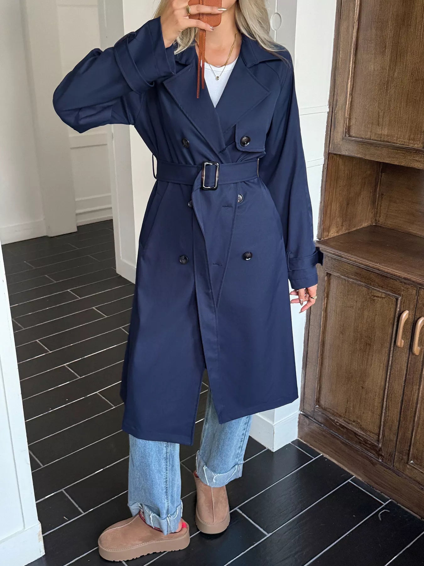 Double-Breasted Belted Trench Coat Trendsi