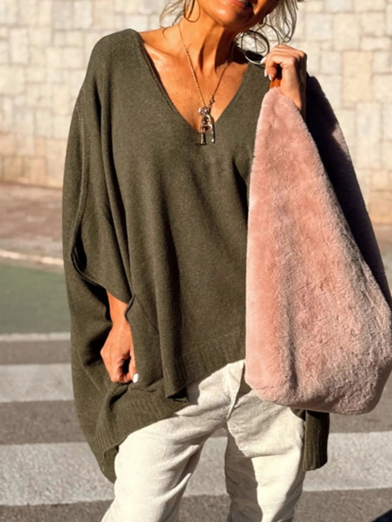Ribbed Hem V-Neck Sweater OutfitFlow