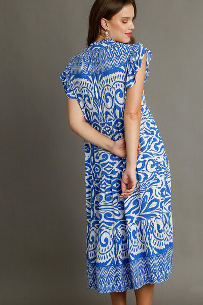 Umgee Full Size Two Tone Border Print Ruffle Cap Sleeve Midi Dress Plus Size OutfitFlow