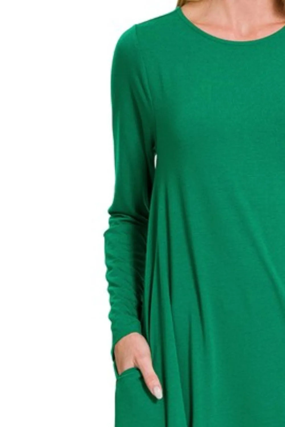 Zenana Long Sleeve Flare Dress With Pockets OutfitFlow