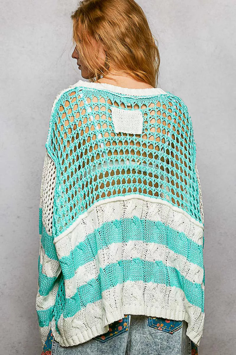 POL Color-Blocked Stripe Pattern Knit Top with Twisted Weave OutfitFlow