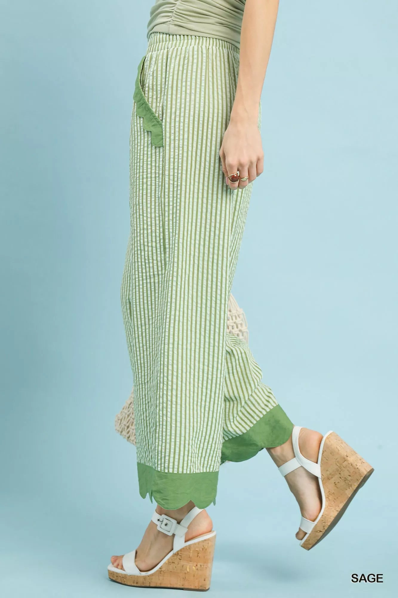 Umgee Stripe Scallop Hem Wide Leg Pants OutfitFlow