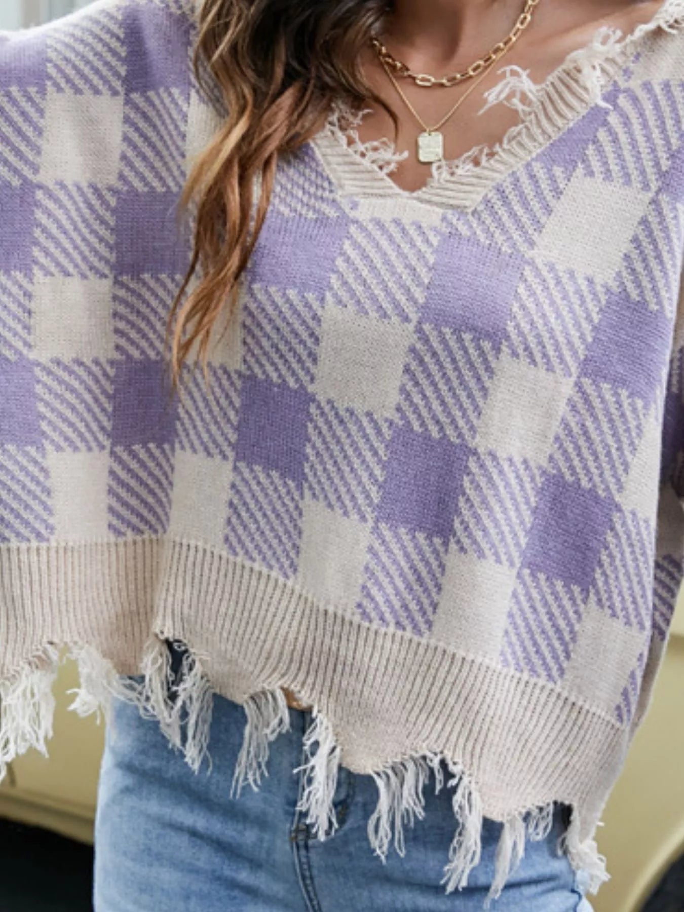 Frayed Hem Long Sleeve Sweater OutfitFlow