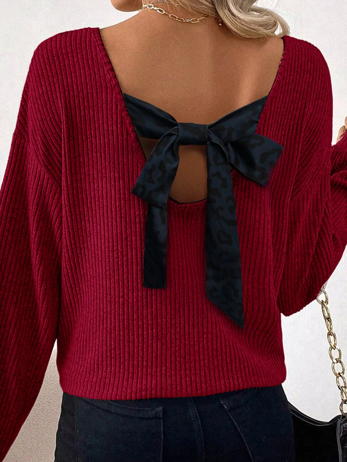 Ribbed V Neck Contrast Ribbon Bow Back Drop Shoulder Long Sleeve Top Burgundy OutfitFlow