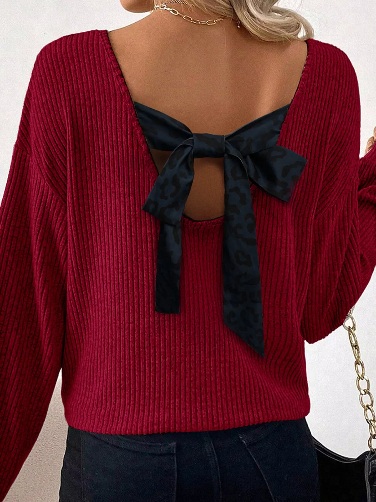 Ribbed V Neck Contrast Ribbon Bow Back Drop Shoulder Long Sleeve Top Burgundy OutfitFlow