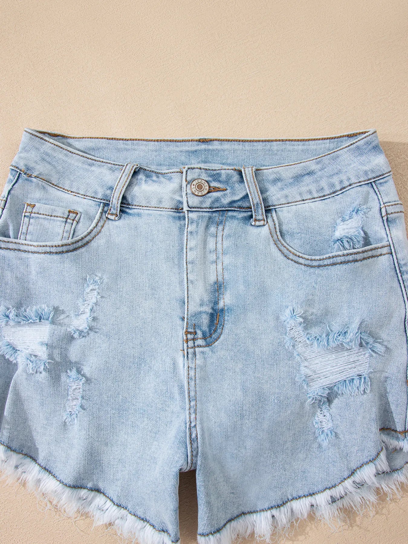 High Rise Distressed Raw Hem Denim Shorts OutfitFlow