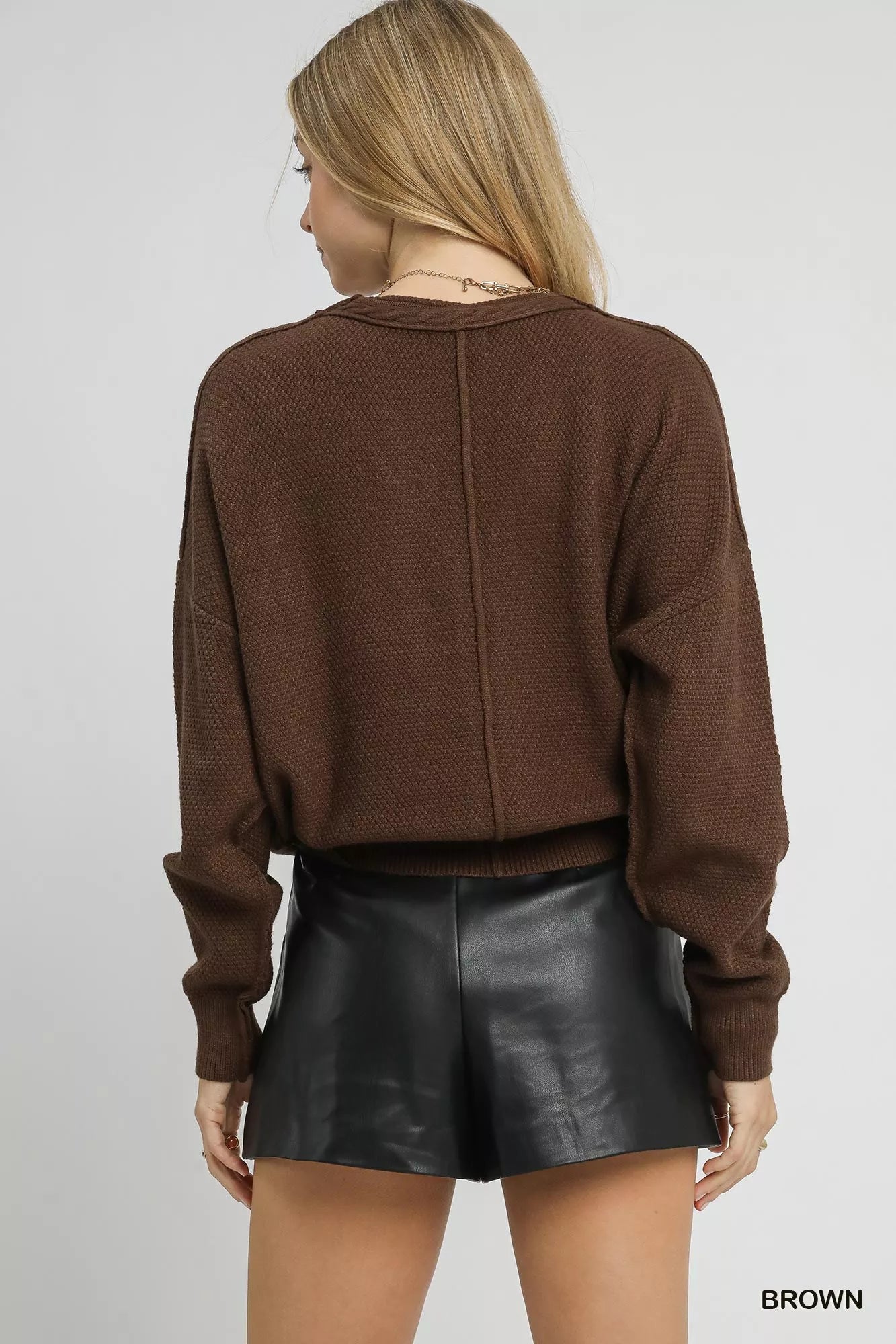 Umgee Chunky Cable Knit V-Neck Button-Up Cardigan OutfitFlow