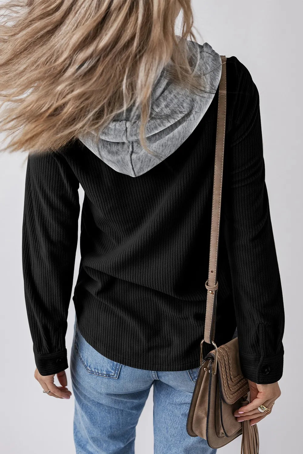 Drawstring Button Up Long Sleeve Hooded Jacket OutfitFlow