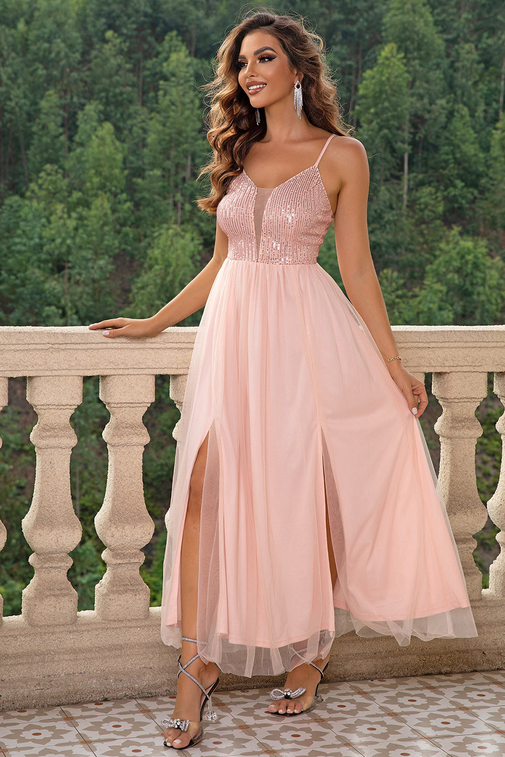 Spaghetti Strap Slit Mesh Dress Blush Pink OutfitFlow