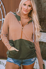 Outfit Flow - Drawstring Stripe Half Zip Long Sleeve Hoodie