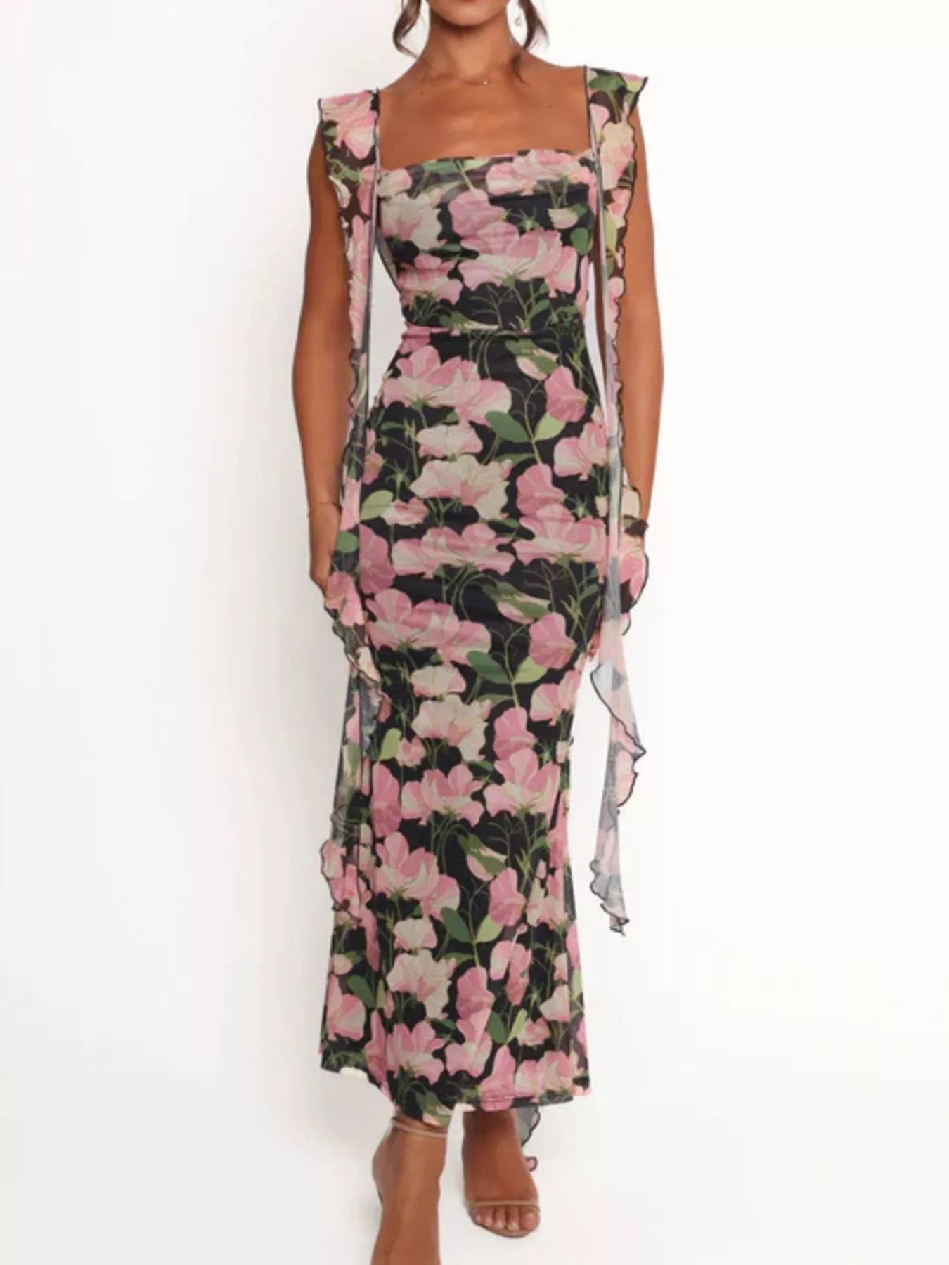 Floral Print Ruffle Trim Bodycon Maxi Dress OutfitFlow