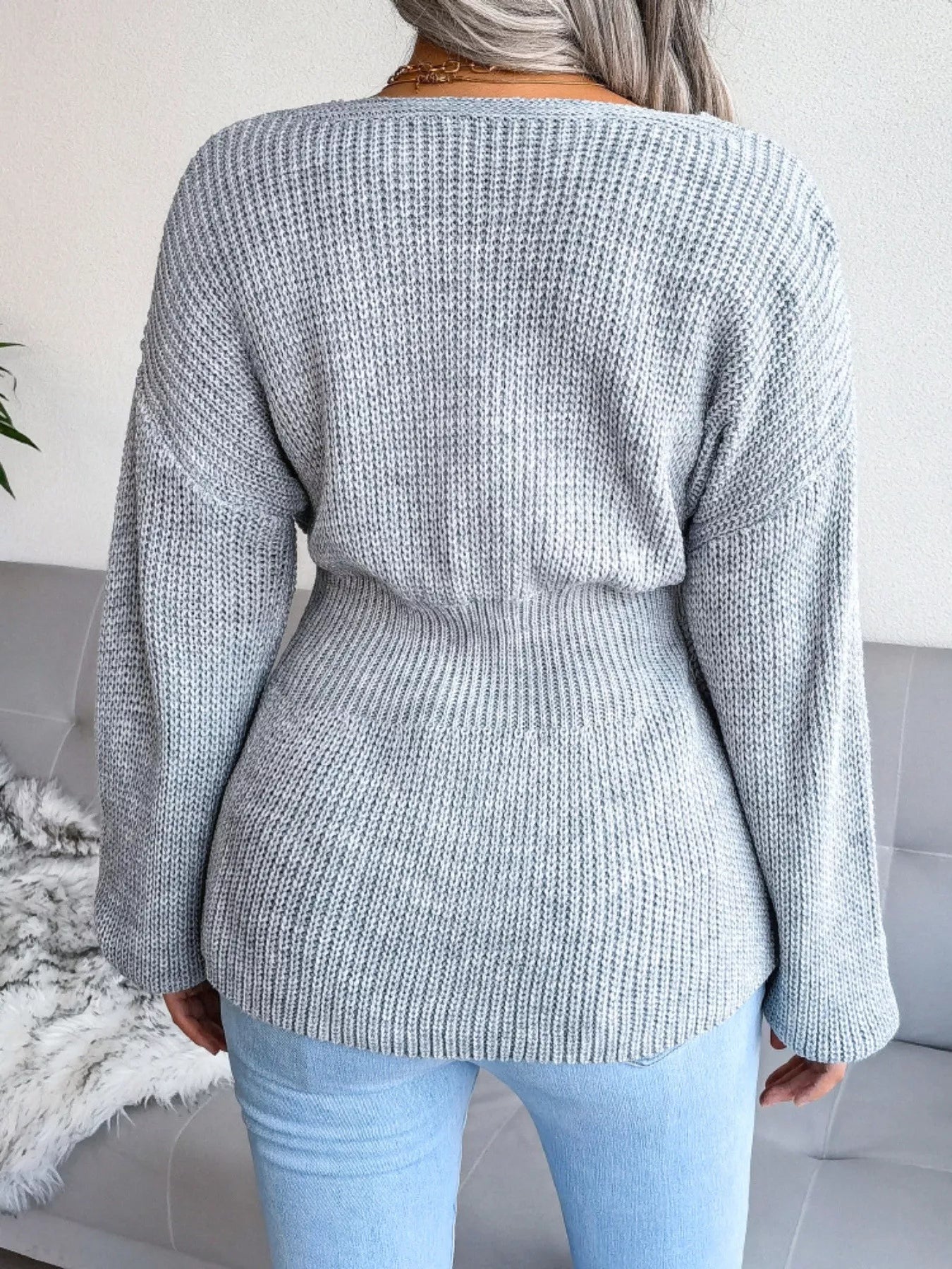 V-Neck Dropped Shoulder Sweater OutfitFlow