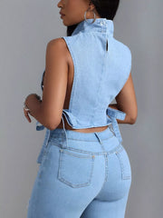 Sleeveless Cropped Denim Turtleneck Top with Side Tie Details OutfitFlow
