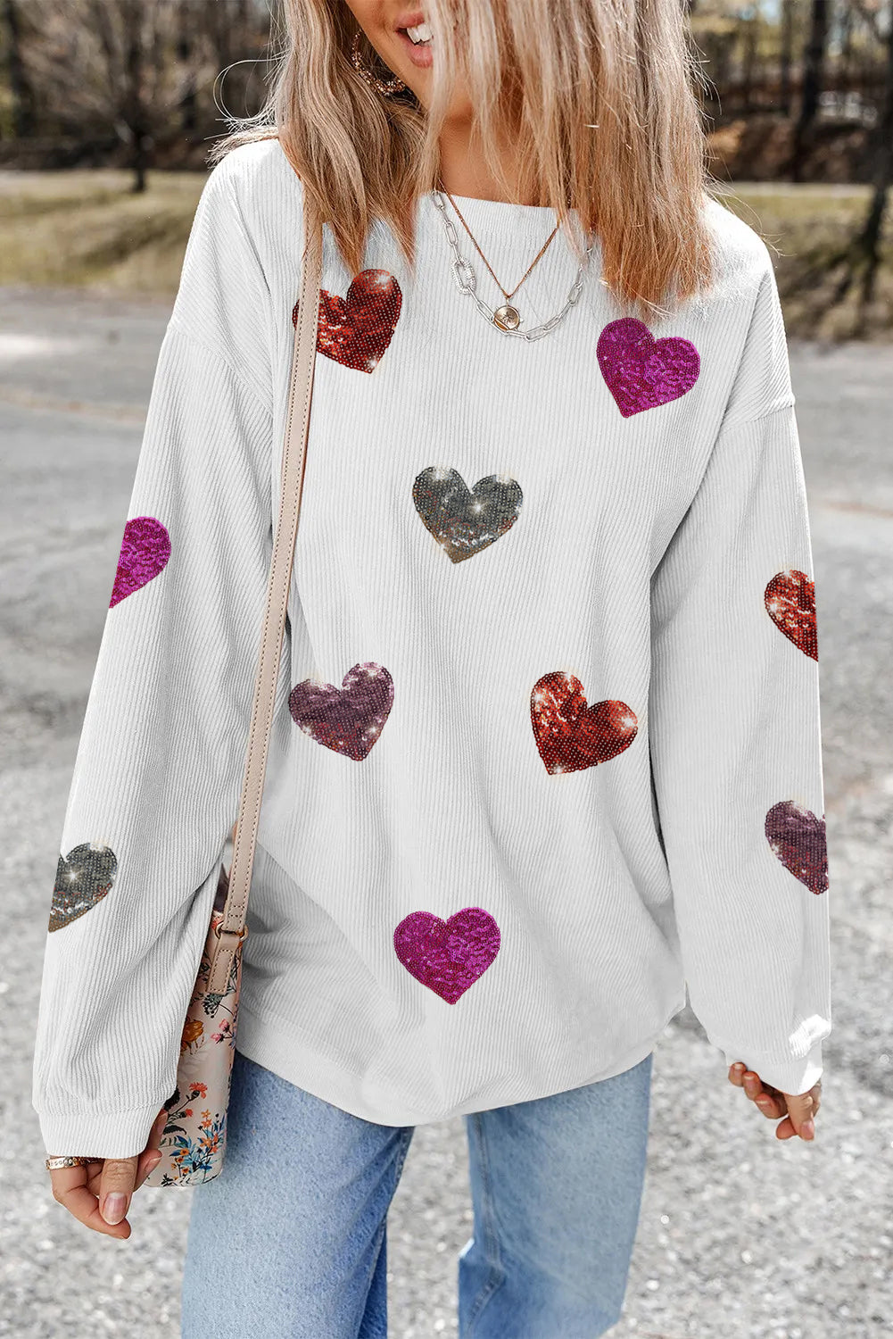 Valentine’s Day Sequin Heart Round Neck Long Sleeve Sweatshirt