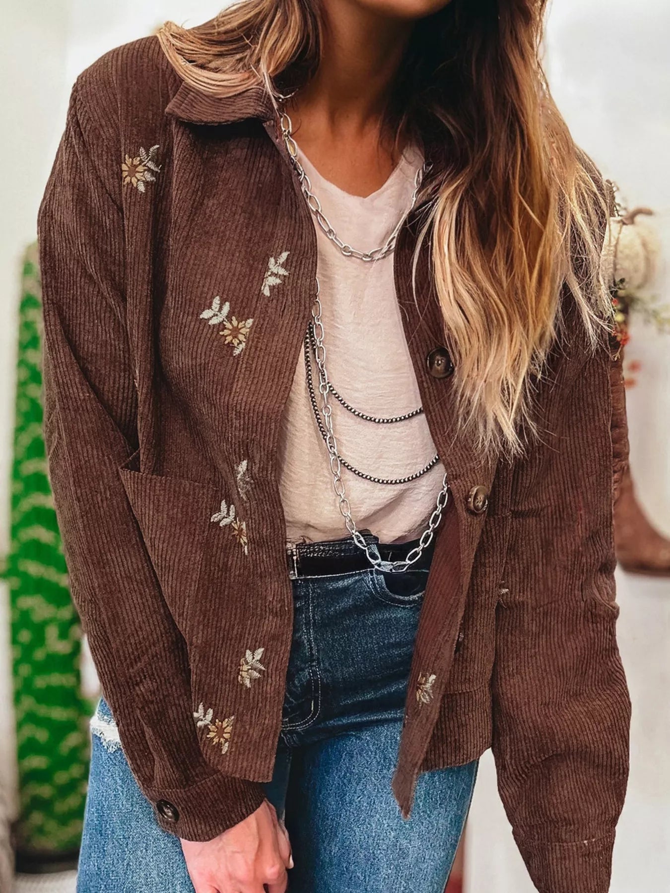 Floral Embroidered Collar Button Front Corduroy Jacket Trendsi