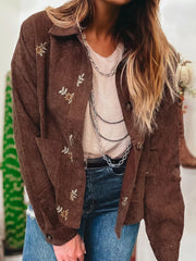 Floral Embroidered Collar Button Front Corduroy Jacket Trendsi