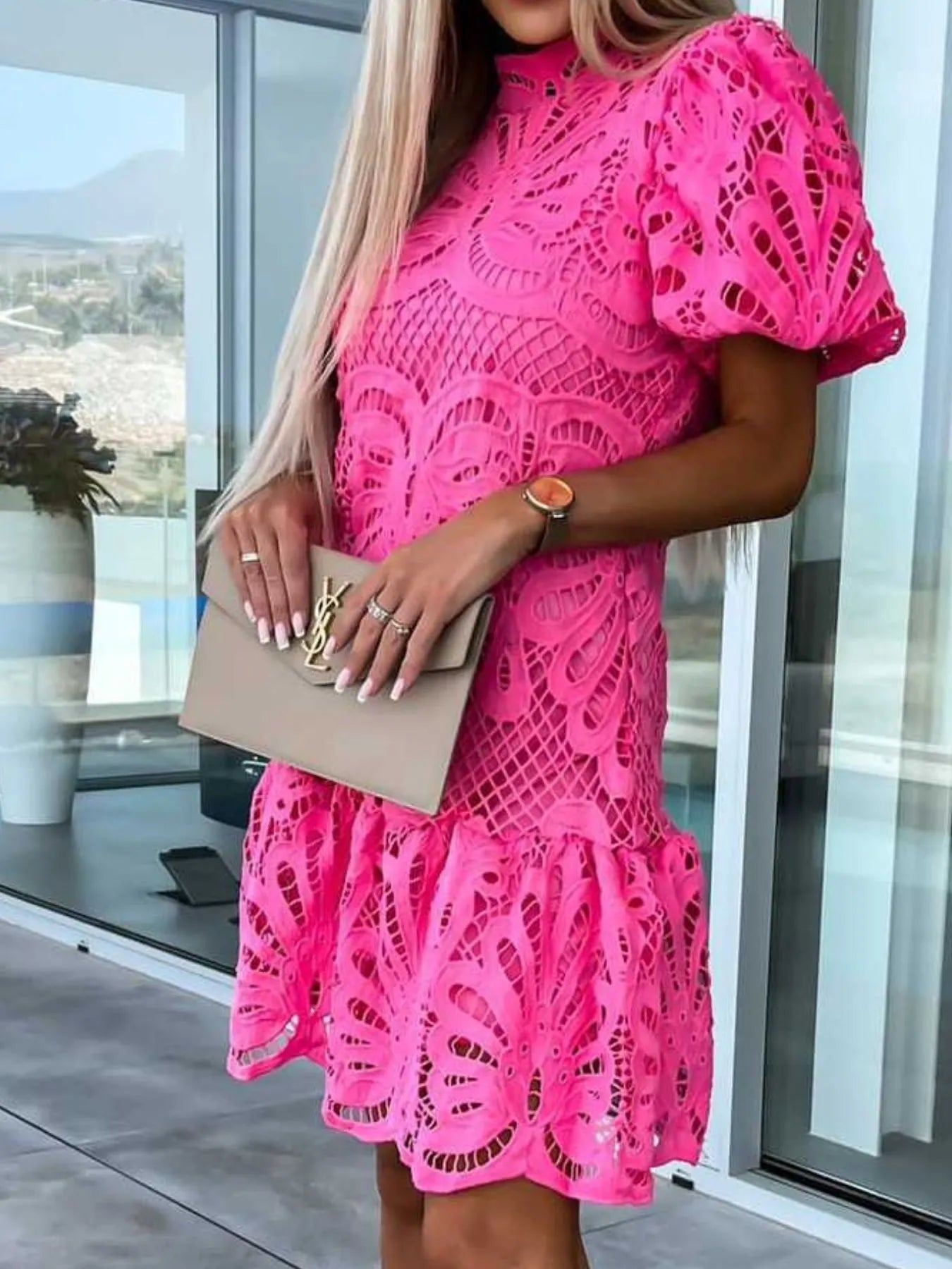 Lace Mock Neck Puff Sleeve Dress OutfitFlow
