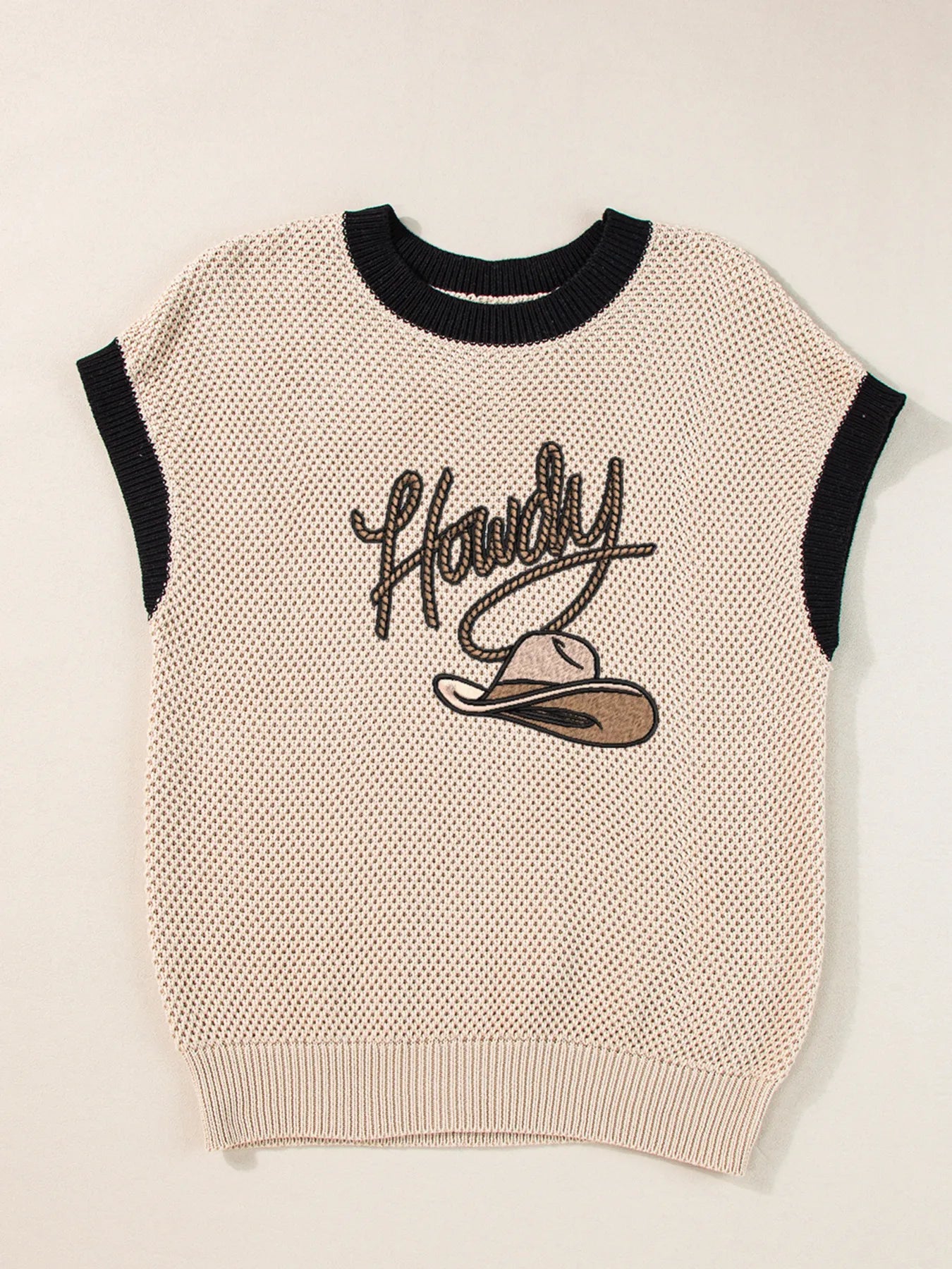 Howdy Cowboy Hat Embroidered Short Sleeve Sweater OutfitFlow