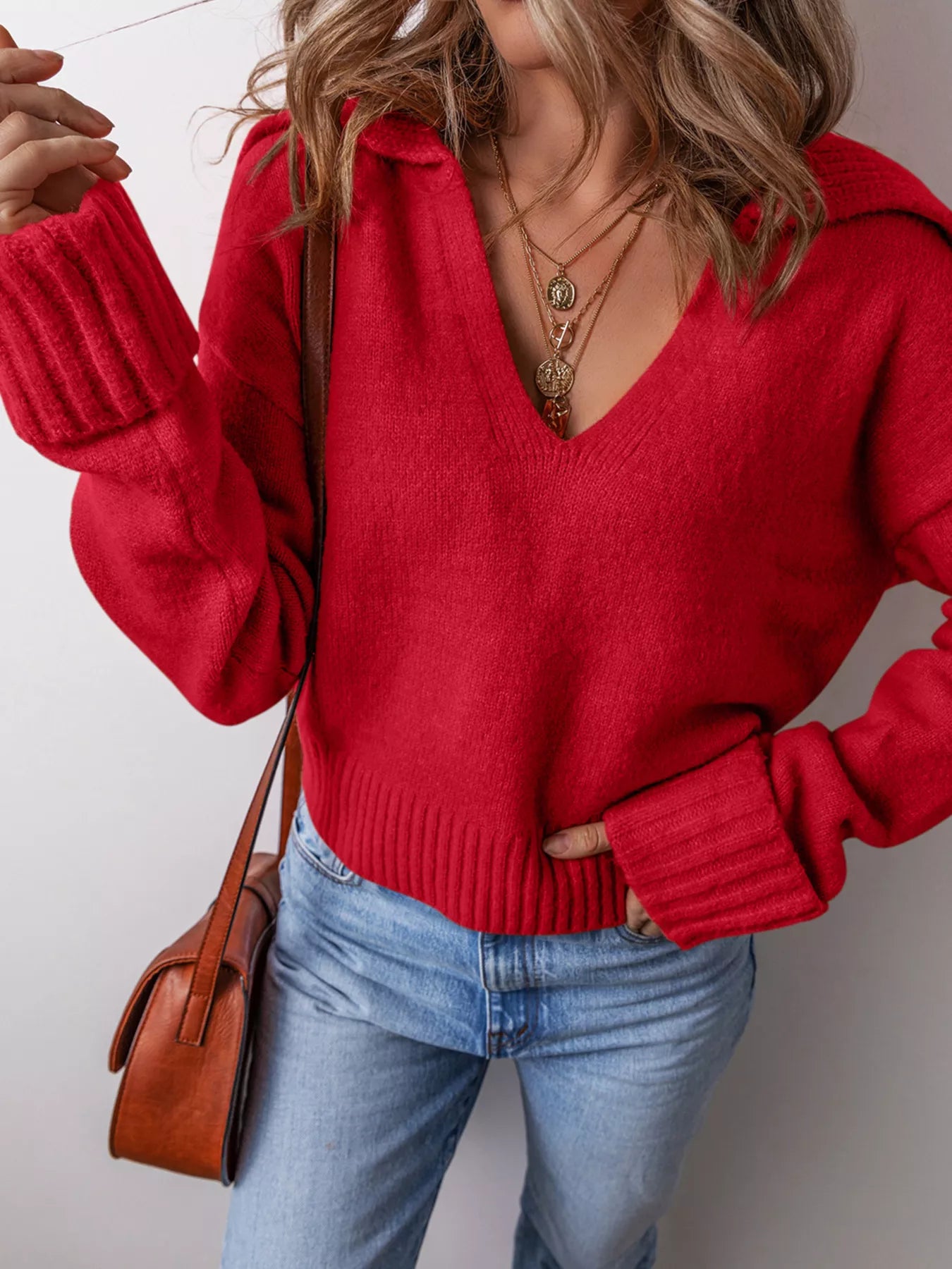 Collared V Neck Ribbed Edge Sweater OutfitFlow