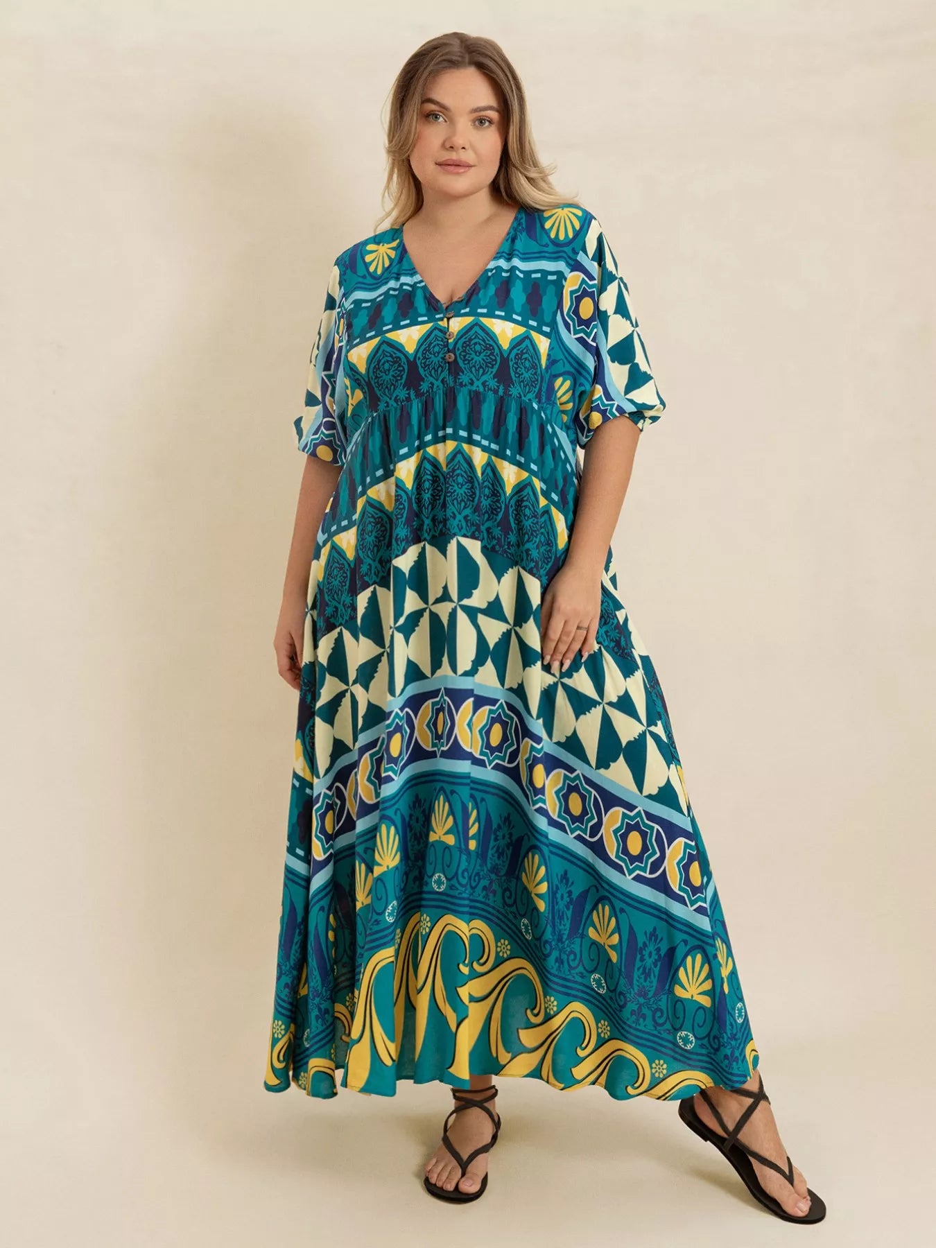 Plus Size Printed V-Neck Half Sleeve Midi Dress OutfitFlow