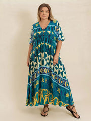 Plus Size Printed V-Neck Half Sleeve Midi Dress OutfitFlow