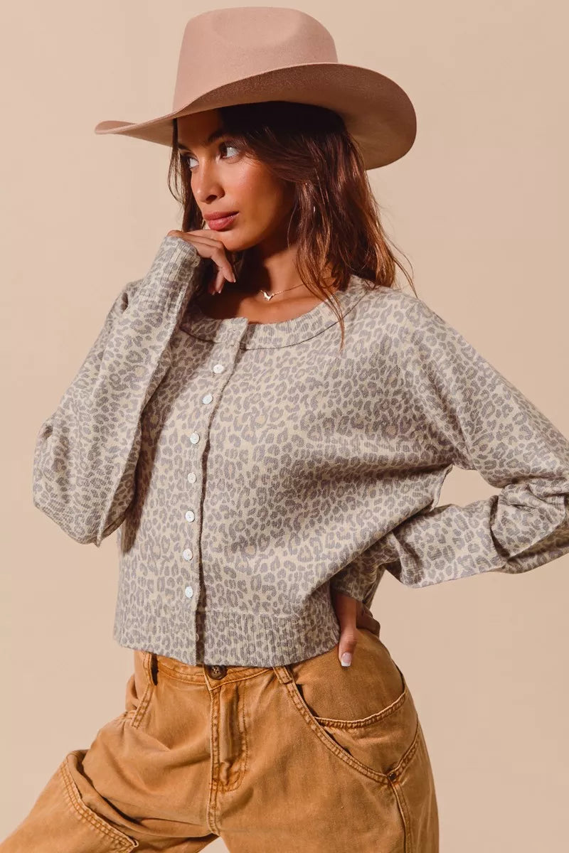 SO ME Two Tone Leopard Vintage Print Button Up Cardigan OutfitFlow