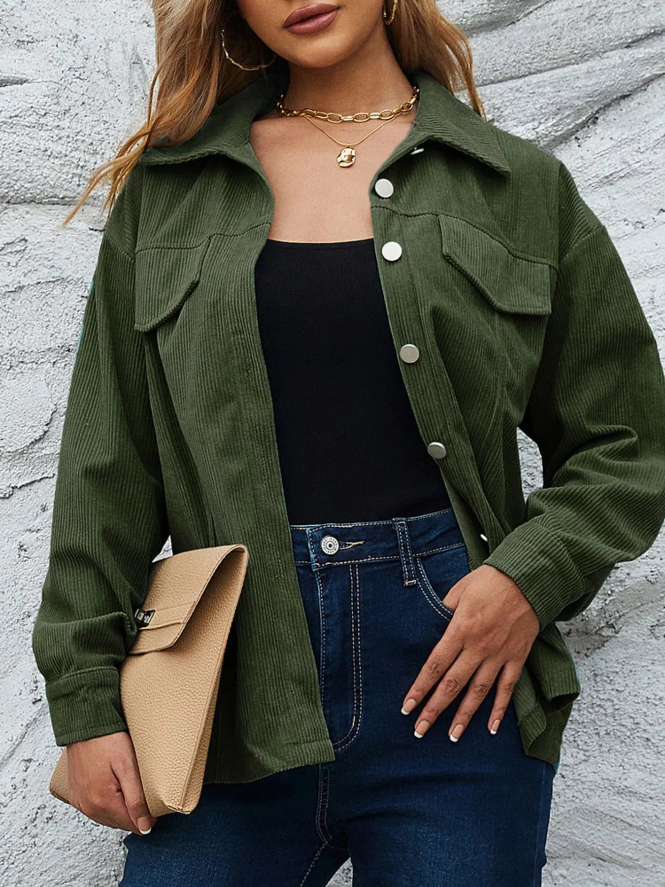 Casual Corduroy Button-Down Jacket Olive Green OutfitFlow