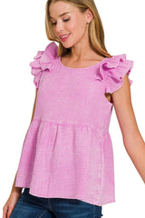 Zenana Double Gauze Acid Washed Tiered Ruffle Peplum Top OutfitFlow
