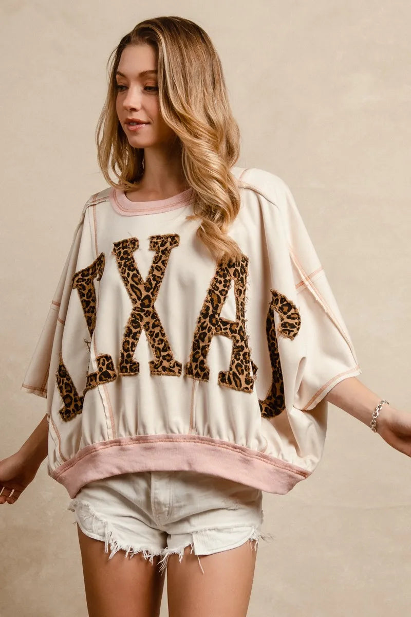 BiBi Leopard Print Texas Patchwork Overlock Stitch Top OutfitFlow