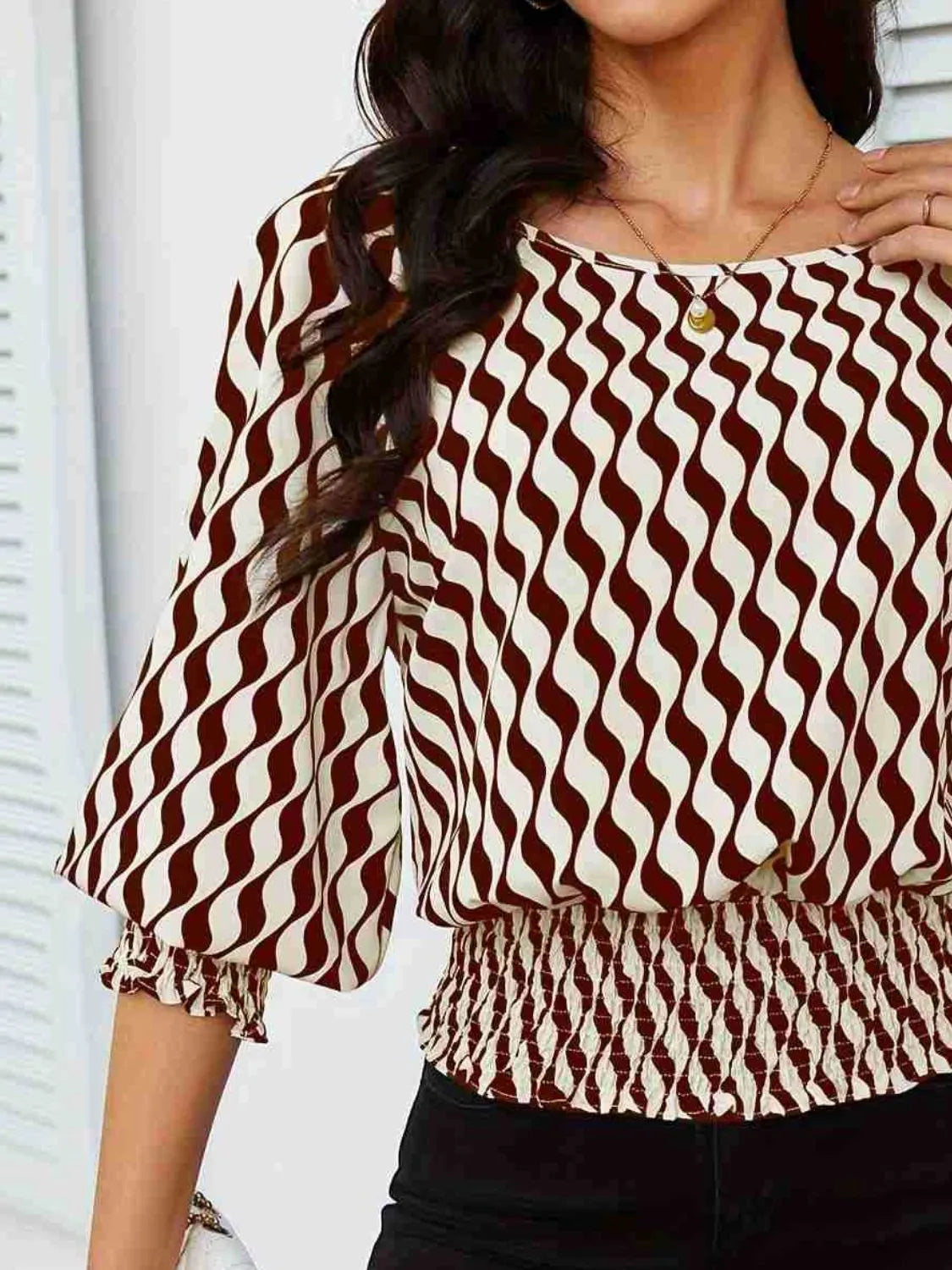 Geometric Print Lantern Sleeve Smocked Waist Blouse OutfitFlow