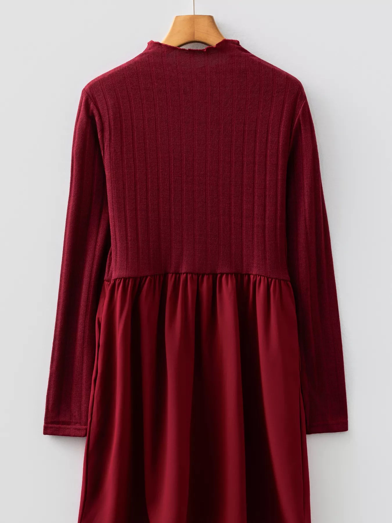 Frilled Neck Ribbed Knit Patchwork Long Sleeve Mini Dress OutfitFlow