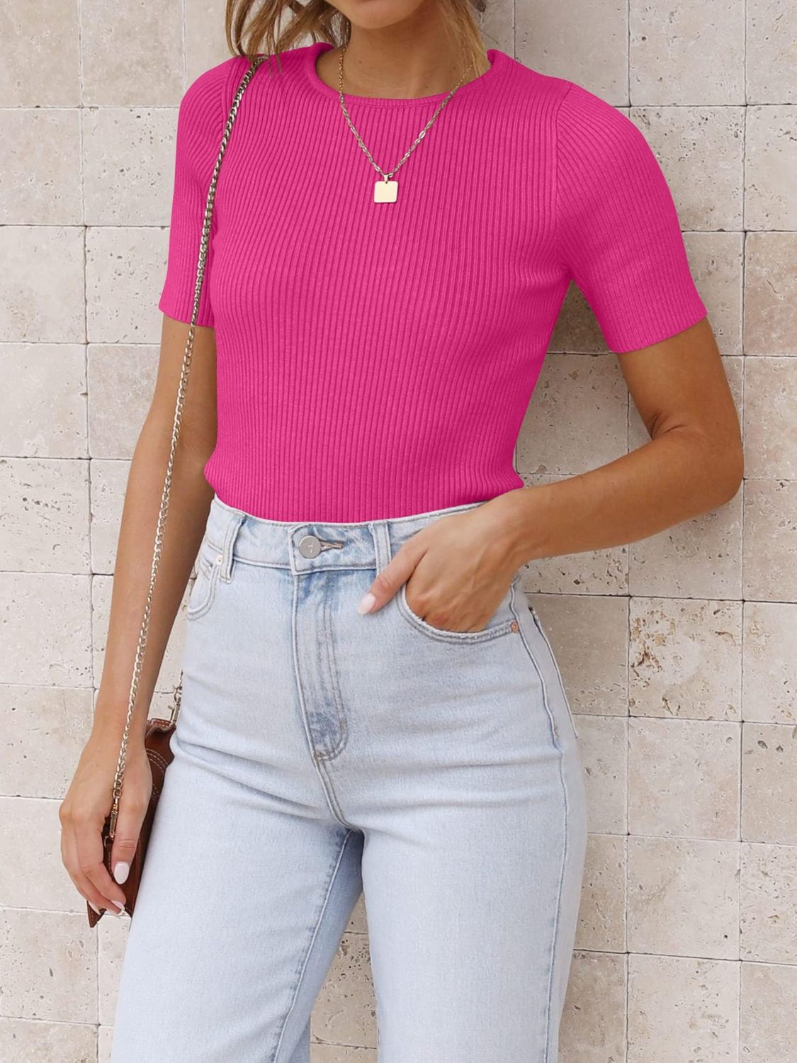 Outfit Flow - Mandy Ribbed Round Neck Short Sleeve Knit Top