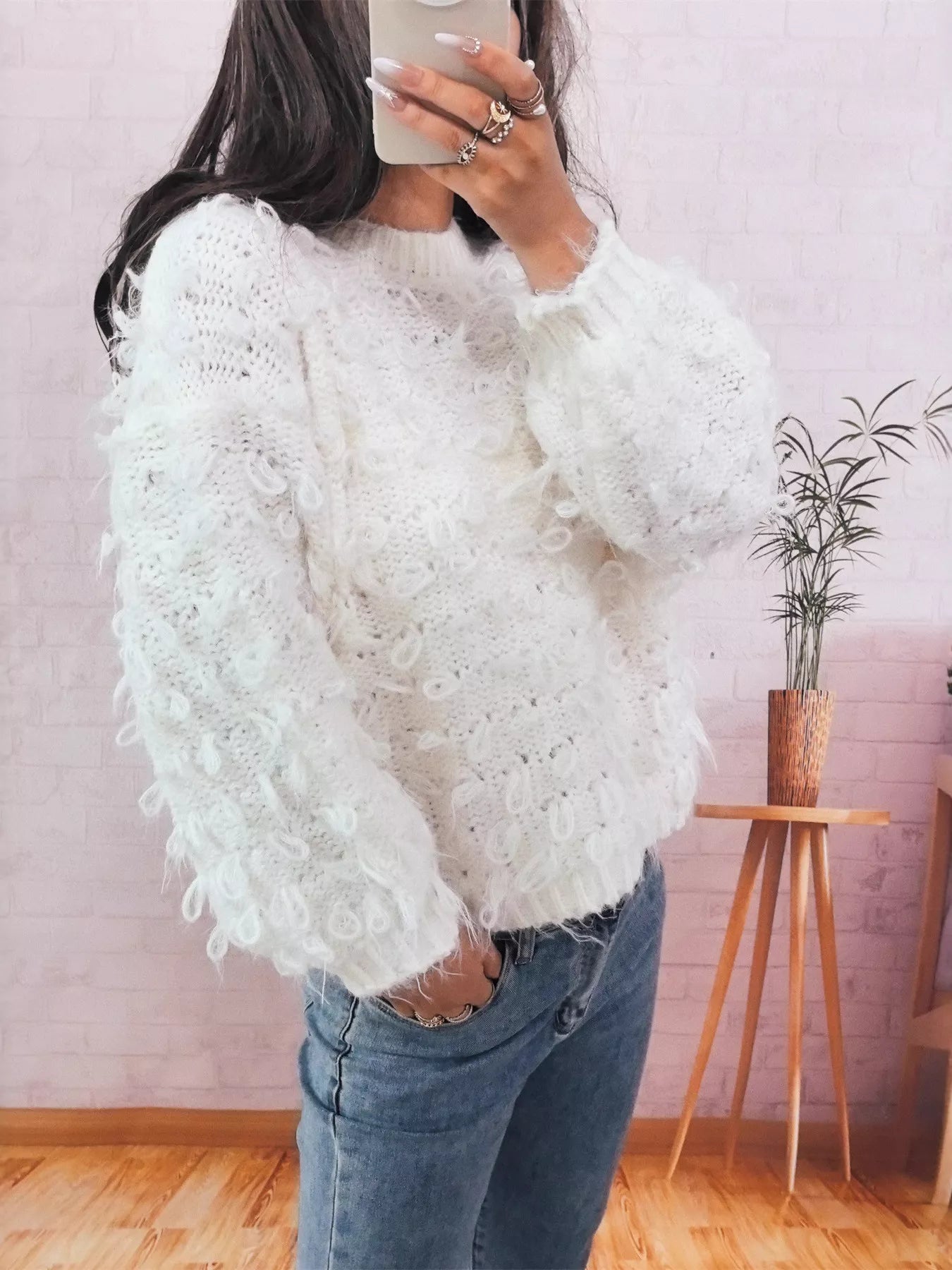 Chunky Round Neck Long Sleeve Sweater OutfitFlow