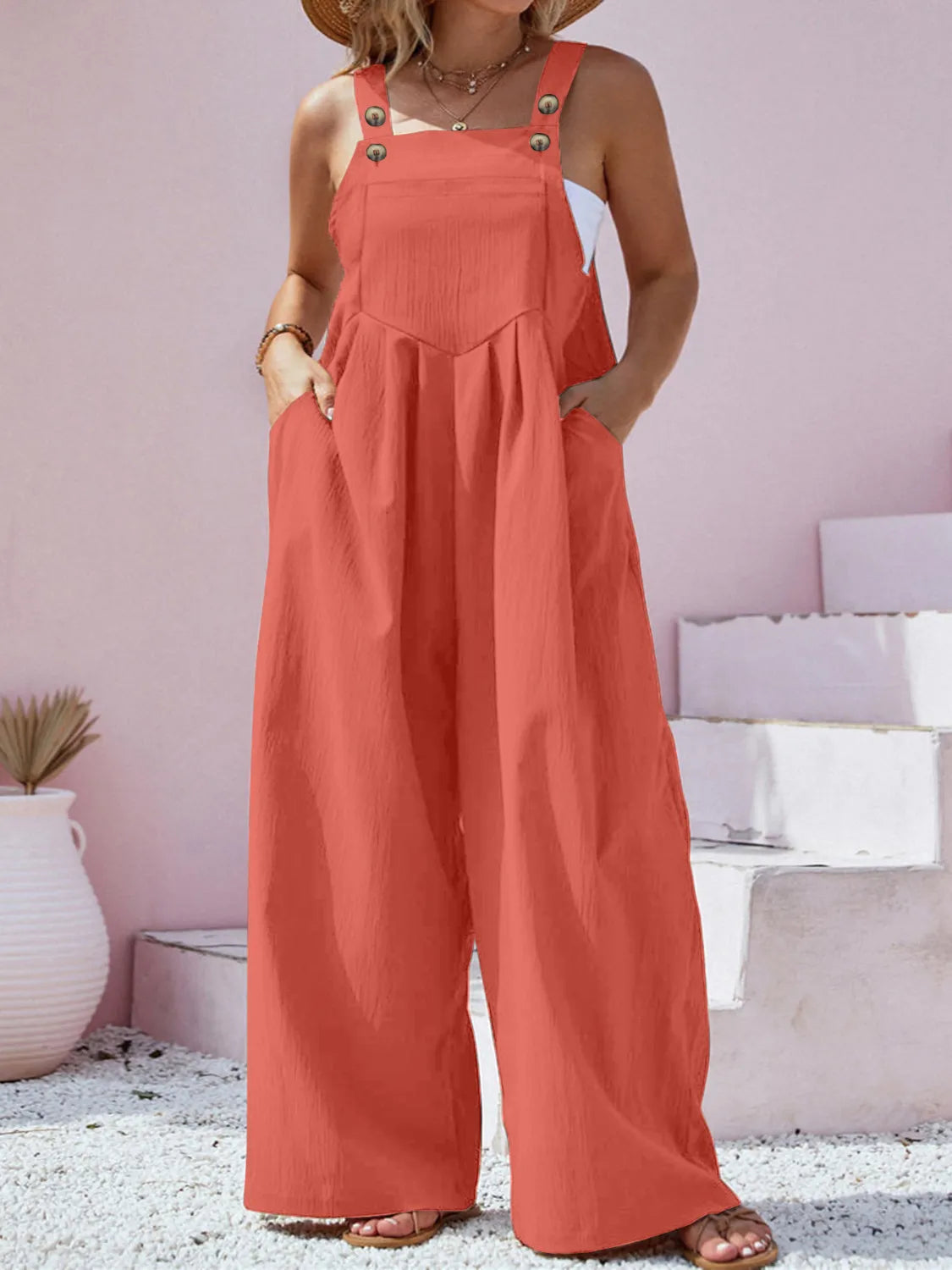 Plus Size Square Neck Wide Leg Overalls Orange OutfitFlow