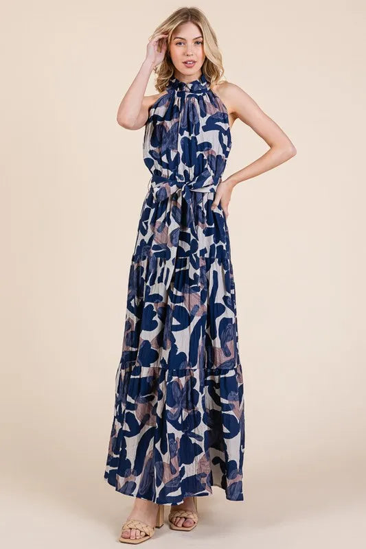 Lime 'N' Chili Abstract Halter Neck Tie-Waist Tiered Maxi Dress OutfitFlow