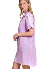 Zenana Tencel Mineral Washed Collared Shirts Dress OutfitFlow