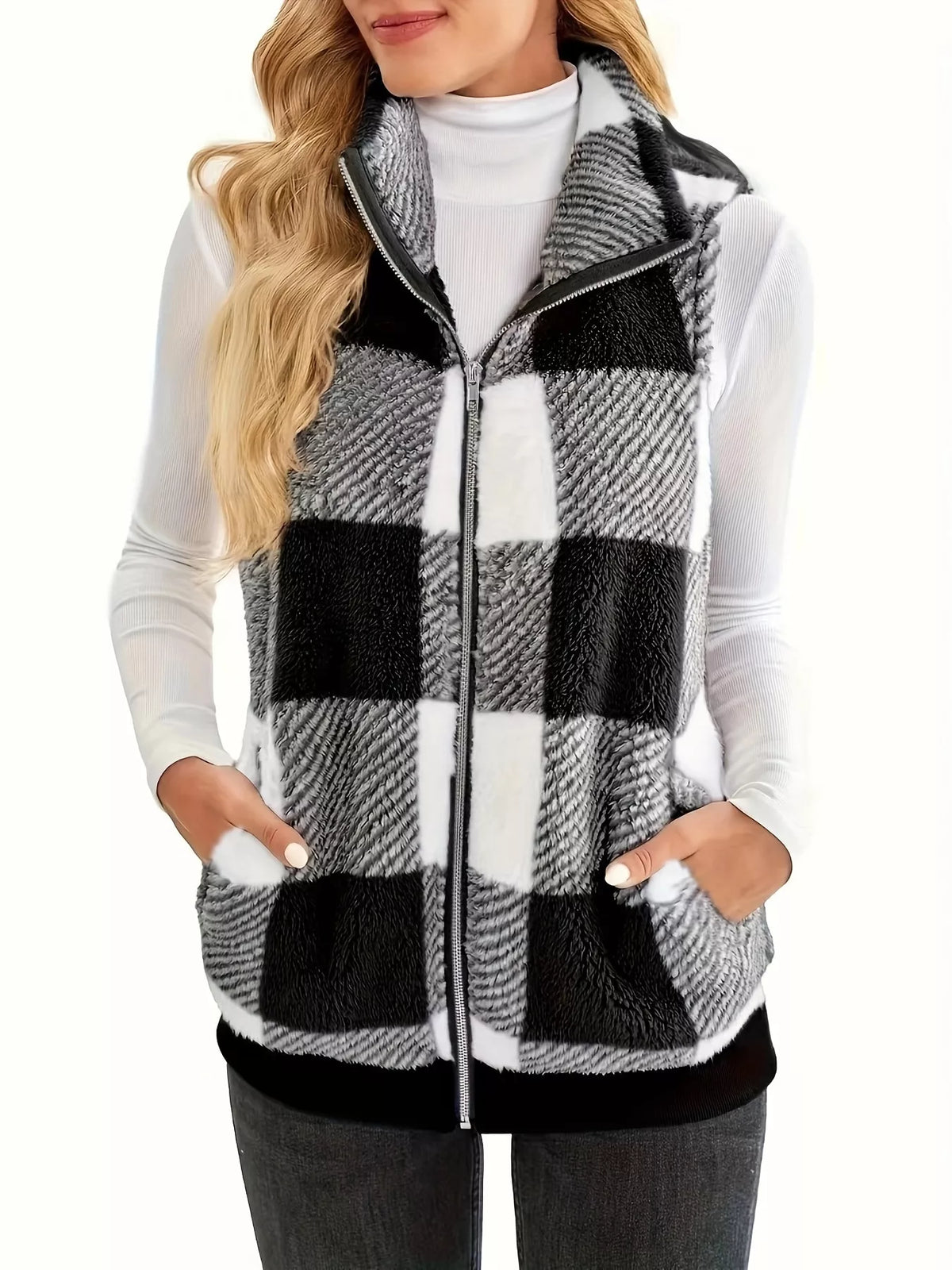 Plus Size Cozy Plaid Fleece Vest Coat Black OutfitFlow