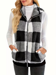 Plus Size Cozy Plaid Fleece Vest Coat Black OutfitFlow