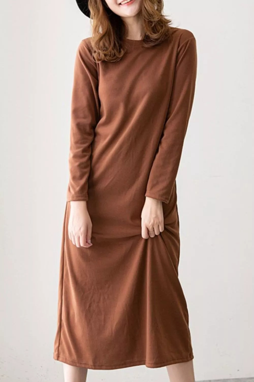 Casual Long Sleeve Midi Dress Khaki OutfitFlow