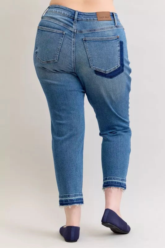Judy Blue Full Size Mid Rise Bf Patch & Repair Destroy Release Hem Jeans Plus Size OutfitFlow
