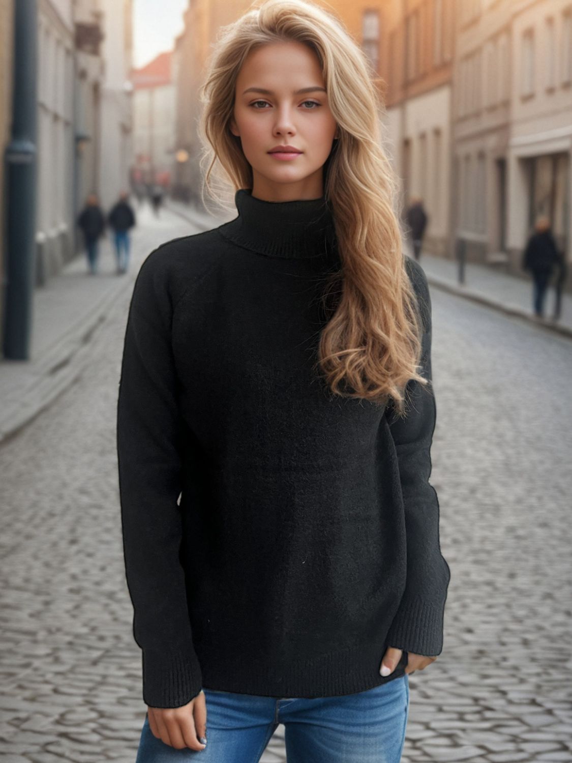 Outfit Flow - Solid Color Turtleneck Long Sleeve Sweater