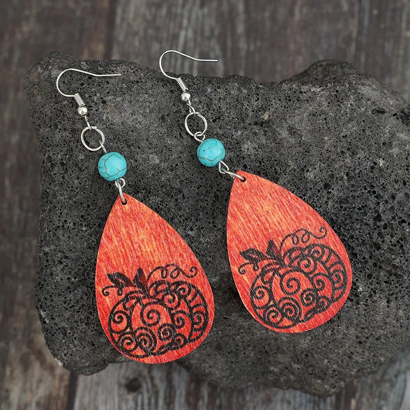 Turquoise Wooden Pumpkin Teardrop Earrings OutfitFlow