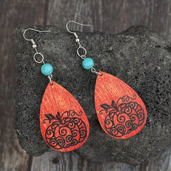 Turquoise Wooden Pumpkin Teardrop Earrings OutfitFlow