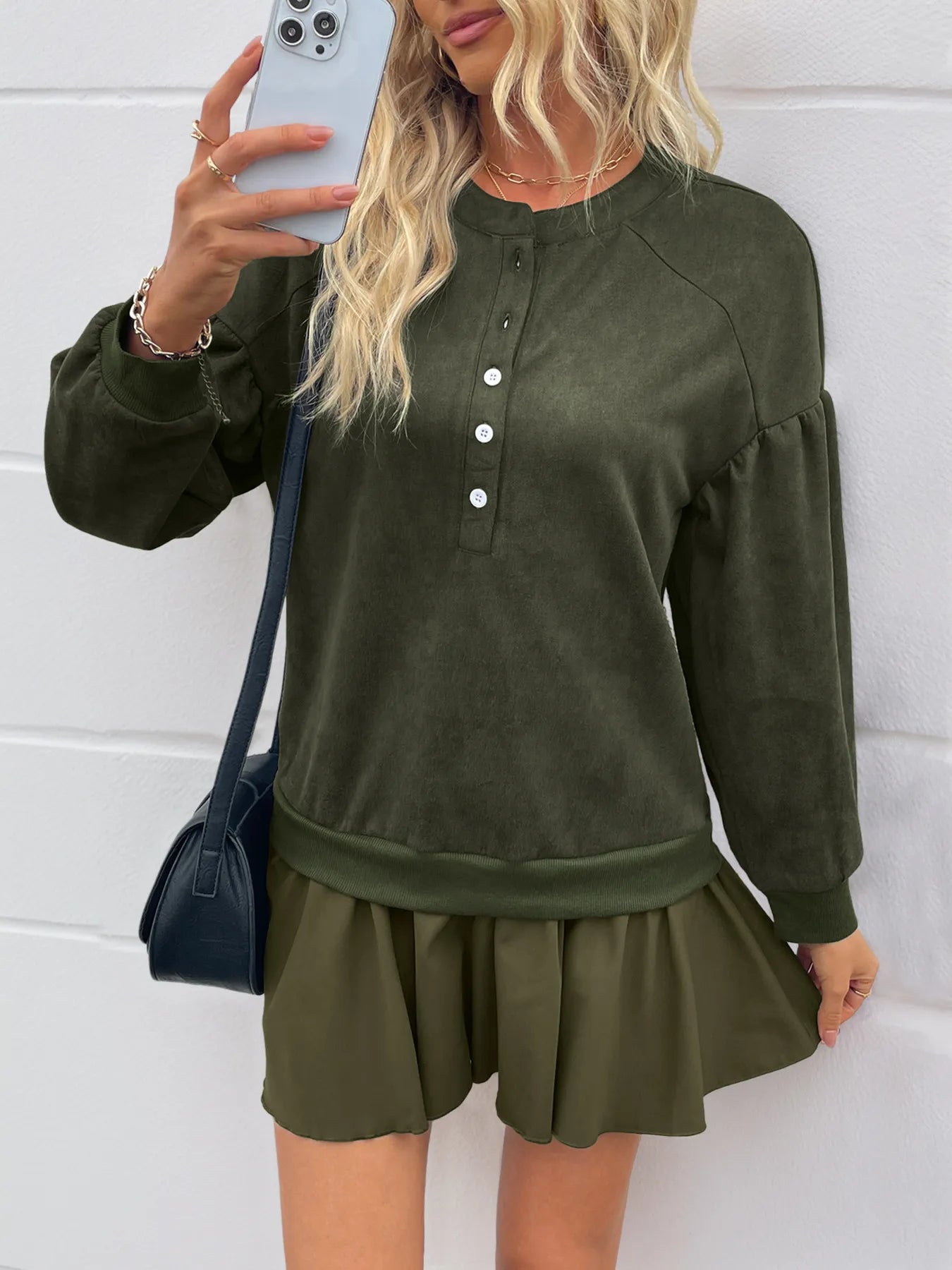 Button Front Mini Sweatshirt Dress Army Green OutfitFlow
