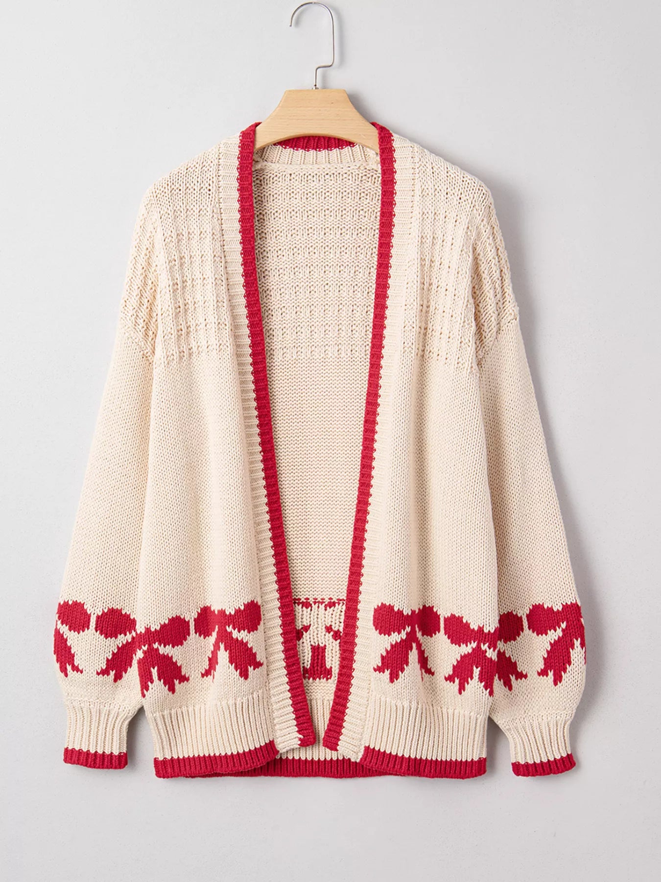 Bow Pattern Textured Open Front Baggy Cardigan OutfitFlow