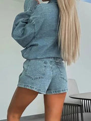 Button-Front Shirt and Mini Skirt Oversized Denim Set OutfitFlow