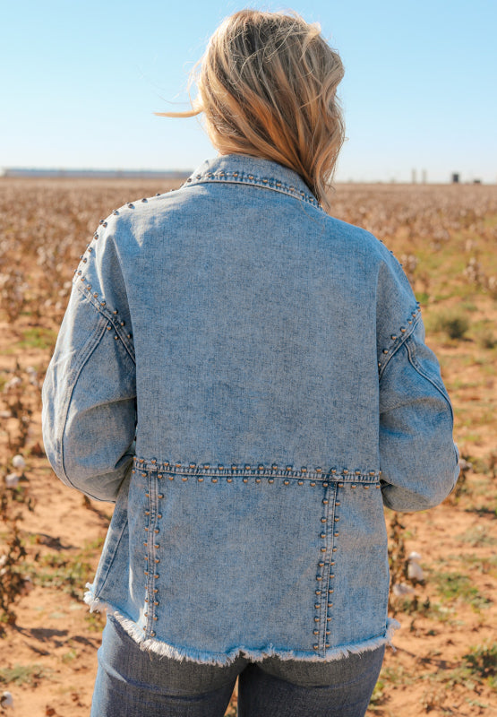 Outfit Flow - Studded Acid Wash Long Sleeve Denim Jacket